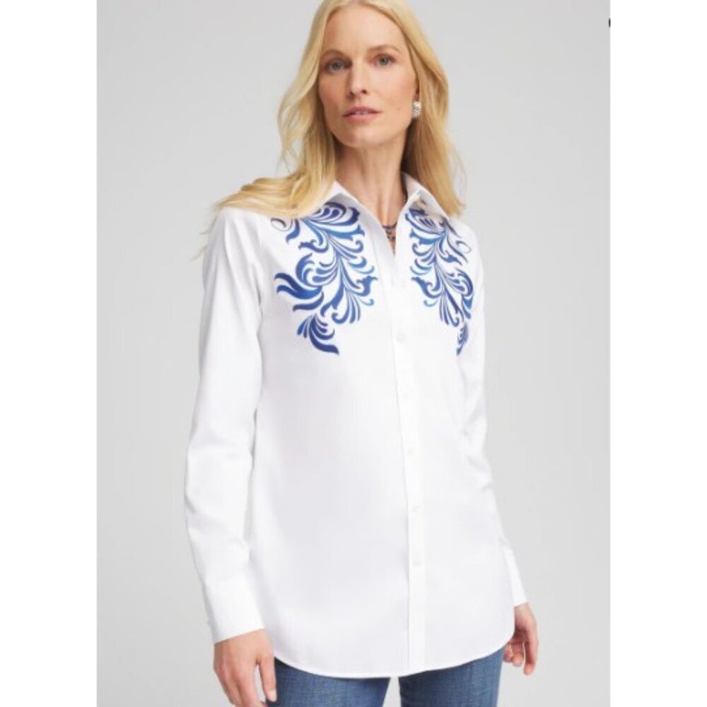 Chicos No Iron Wildflower Embroidered Shirt Womens 0 Long Sleeve Button Up White - Picture 3 of 15